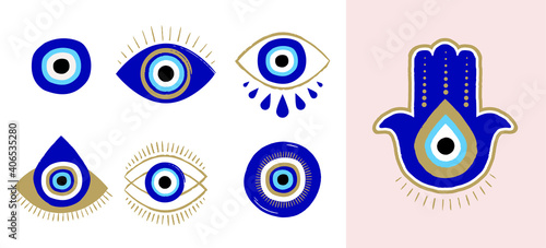 Evil eye or Turkish eye symbols and icons set. Modern amulet design and home decor idea © Marina Zlochin
