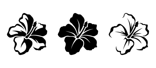 Vector set of black silhouettes of tropical hibiscus flowers isolated on a white background.