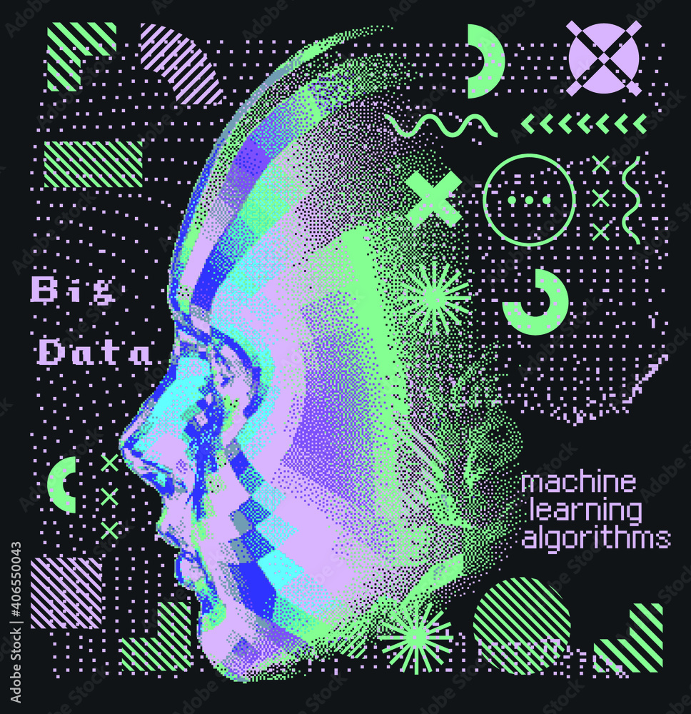 Abstract technology background with 3d face mask made of particles ...