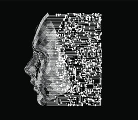 Aufkleber - Abstract technology background with 3d face made of particles. Conceptual illustration of Artificial intelligence.