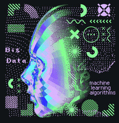 Aufkleber - Abstract technology background with 3d face mask made of particles. Conceptual illustration of Artificial intelligence.