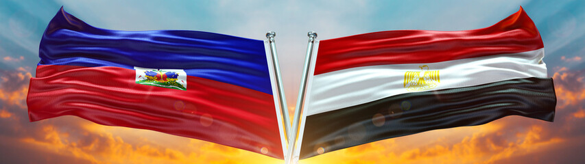 Double Flag Egypt مصر and Haiti flag waving flag with texture sky Cloud and sunset