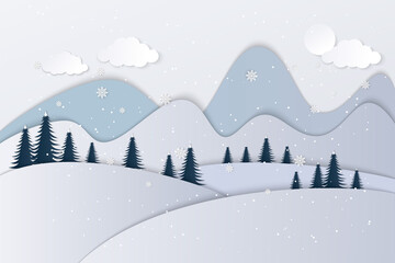 Merry Christmas greeting card design with country landscape in flat modern style