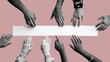 Diverse hands touching white paper mockup pink wallpaper