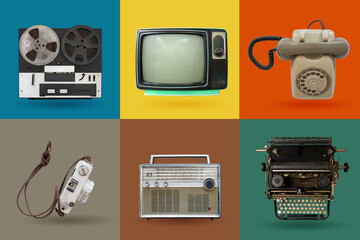 Retro electronics set. Nostalgic collectibles from the past 1980s - 1990s. objects isolated on retro color palette with clipping path.