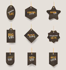 Wall Mural - Vector wooden signs hanging on a rope and chain, With price tags labels collection sale banners design