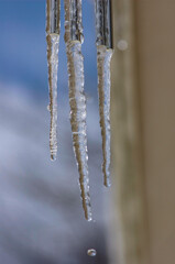 Icicles hanging down and dripping