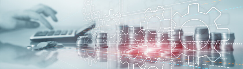 Wall Mural - gear icon on virtual screen. horizontal panorama. financial banner for the site.