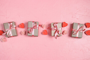 Wall Mural - Pink background with gifts, candles hearts and roses.