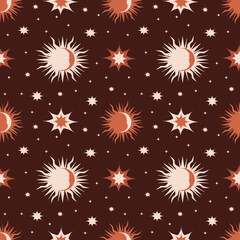 vector seamless pattern with esoteric, astrological theme - moon, sun, stars on a dark background. pattern for printing on clothes, wrapping paper, backgrounds for websites and applications