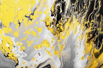 Wall Mural - Splashes of black and yellow paint and yellow bubbles on gray background. Marble effect background or texture. Fluid Art