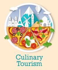 culinary tourism vector poster, banner template. paper cut style different types of pizza slices and