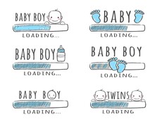 Progress Bar With Inscription - Baby Boy Loading Collection In Sketchy Style. Vector Illustration For T-shirt Design, Poster, Card, Baby Shower Decoration.
