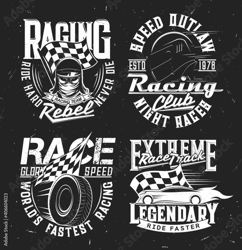 Tshirt prints with car rally, racing club and motorsport championship, vector t shirt prints mockup. Racer, roadster with fire and car wheel with checkered flag race symbols, retro vehicles racing
