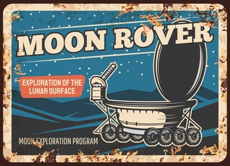 Wall Mural - moon rover walk on lunar surface vector rusty metal plate. outer space explore vintage rust tin sign