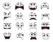 Cartoon face expression isolated vector icons, negative emoji suspicious, evil, scared and shocked, gloat, grin, smirk or crazy. Facial feelings laughing or yelling, surprised and upset emoticons set