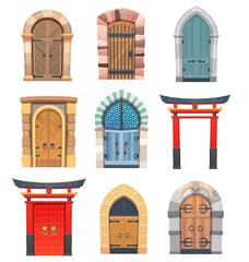 Wall Mural - Cartoon gates and doors vector wooden and stone medieval asian, european or fairytale arched or rectangular entries. Palace or castle exterior design elements with forged decoration and ring knobs set