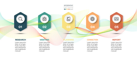 Wall Mural - Hexagon with wave design, 5-step business planning, display and analysis report. vector infographic.