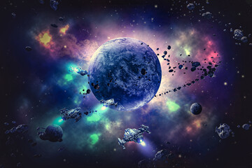 outer space galaxy illustration with stars and planets and spaceship
