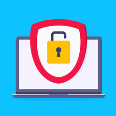 Wall Mural - Privacy policy, safety lock and data protection metaphor. Shield with padlock on the laptop screen with personal data security protection symbol flat style design vector illustration.