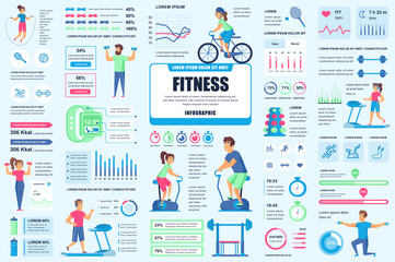 Leinwandbilder - Bundle fitness and sports infographic UI, UX, KIT elements. Different charts, diagrams, workflow, fitness equipment, gym, cardio workout design template. Vector info graphic and infographics set.