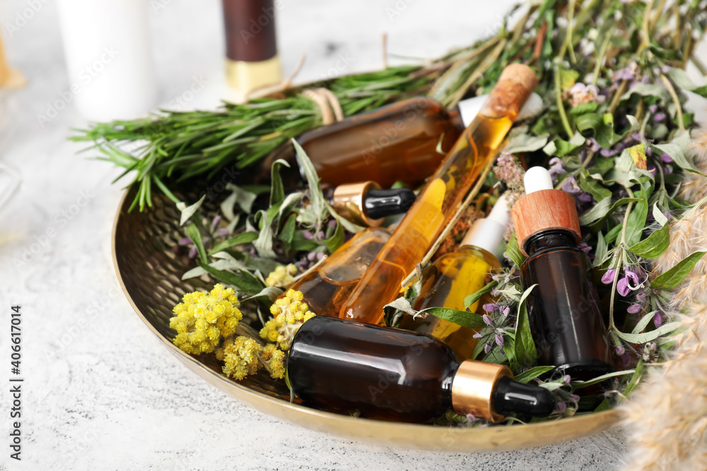 Bottles with potions on alchemist's table