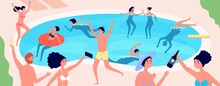 Pool Party. Summer Vacation, Cartoon Friends Have Fun Meeting. Boy Girl Drinking, Dancing Swimming Together, Water Club Utter Vector Concept. Swimming Pool Party, Summertime Vacation Illustration