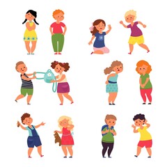 Sticker - Children behavior. Child conflict, sad angry kid relationship. Boy girl fight toys, abuse friends, bully sister or brother decent vector set. Illustration conflict angry and fight, bullying expression