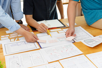 Graphic designers work together with UX UI designer planning application template layout framework for mobile phone computer mobile