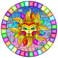 Illustration in the style of a stained glass window with abstract sun in bright frame,round image