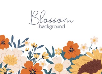 Wall Mural - Horizontal botanical backdrop with border of delicate blossomed fall flowers like sunflower and peony. Floral flat vector illustration isolated on white background