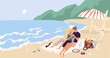 © Good Studio - Young couple sitting and relaxing on picnic blanket at seaside. People hugging and drinking wine on beach by sea. Romantic date of man and woman on seashore. Colored flat vector illustration