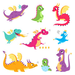 Poster - Cute Colorful Little Dragons Set, Funny Baby Dinosaurs, Fairy Tale Characters Cartoon Style Vector Illustration