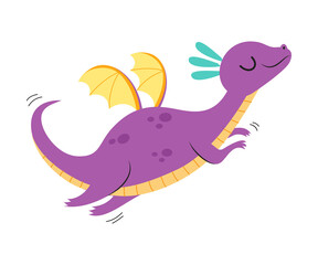 Wall Mural - Cute Purple Little Dragon with Wings, Flying Funny Baby Dinosaur Fairy Tale Character Cartoon Style Vector Illustration