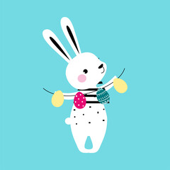 Sticker - Cute Little Bunny Holding Garland Made of Colorful Eggs, Adorable White Easter Rabbit, Easter Egg Hunt Card, Poster, Invitation Design Cartoon Style Vector Illustration