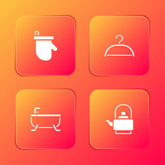 Sticker - Set Sauna mittens, Hanger wardrobe, Bathtub and Kettle with handle icon. Vector.