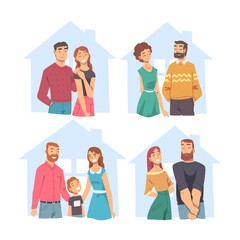 Sticker - Family Couples in House Outline Set, Abstract Real Estate, People Planning to Buy or Rent New Dwelling Flat Style Vector Illustration