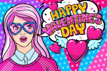 Wall Mural - Beautiful girl with pink hair wearing glasses in the shape of hearts. Happy Valentine's day lettering in pop art style.