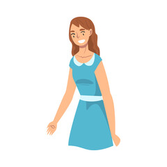 Wall Mural - Beautiful Happy Smiling Young Woman Wearing Blue Dress Flat Style Vector Illustration