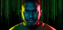 Technology, Cyberspace And Programming Concept - Portrait Of Young African American Man Over Binary Code Numbers On Black Background