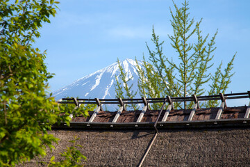 Wall Mural - Traditional thatched roof buildings in the traditional village of Saiko Iyashi no Sato Nemba in Saiko, Yamanshi, Japan with Mount Fuji in the background.