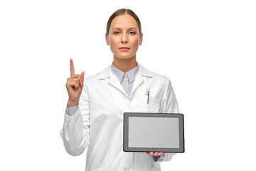 Sticker - medicine, profession and healthcare concept - female doctor or scientist in white coat with tablet pc computer pointing finger up