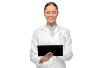 Poster - medicine, profession and healthcare concept - happy smiling female doctor or scientist in white coat with tablet pc computer