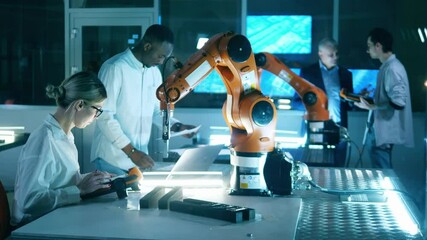 Wall Mural - robotic laboratory with a group of researchers working with industrial robots. team meeting of indus