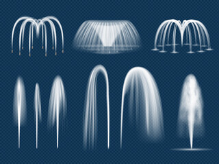 Sticker - Fountain jet. Realistic decorative water outdoor splashes isolated vector templates. Fountain outdoor realistic, summer waterfall for city decor illustration