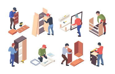 Furniture production. Upholstered instruments for wooden furniture crafting workers assembly shelves and desks vector isometric. Furniture worker, wood profession, handyman and craftsman illustration