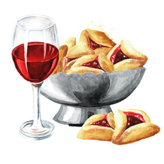 Silver bowl with Traditional Jewish cookies Hamantaschen for Purim holiday and glass of wine. Hand drawn watercolor illustration isolated on white background