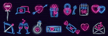 Set Of Neon Valentine's Day Icons On Dark Brick Wall Background: Heart With Arrow, Letter, Chat, Gift Box, Heartshape Balloon. Love, Romance, Wedding Concept. Vector 10 EPS Illustration.