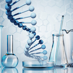 Wall Mural - microscope with lab glassware, science laboratory research and development concept