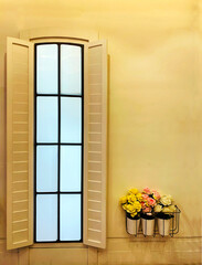 Real concrete wall and mock-up windows with the soft yellow light hand-painted pastel color, decorated with a flower pot in the hanger. The concept for wall display, and background with copy space.